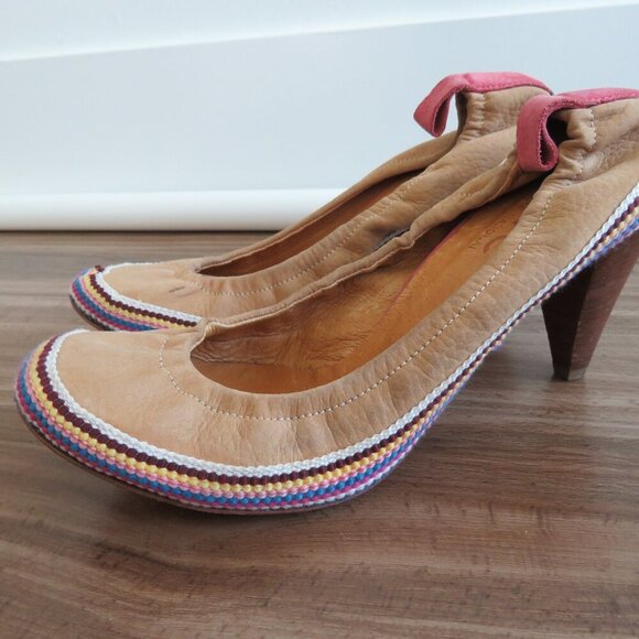 C.N.C COSTUME NATIONAL Tan Leather Boho Crochet Heeled Slip On Shoes - Size 9.5 - Picture 3 of 16